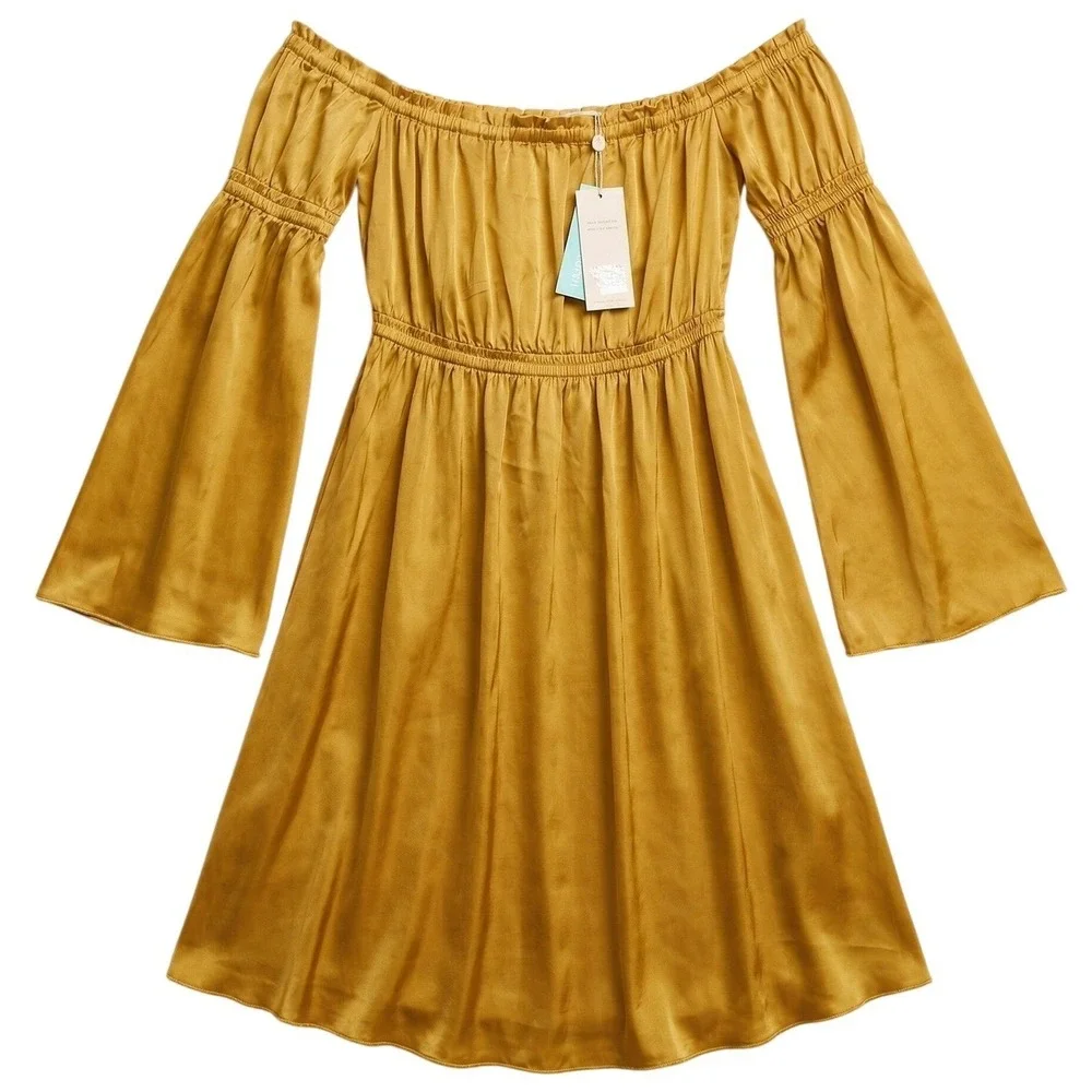 SHORE Shore Brand Off-the-Shoulder Mini Dress XL Gold Boho‎ Romantic NWT $198 - Picture 3 of 14
